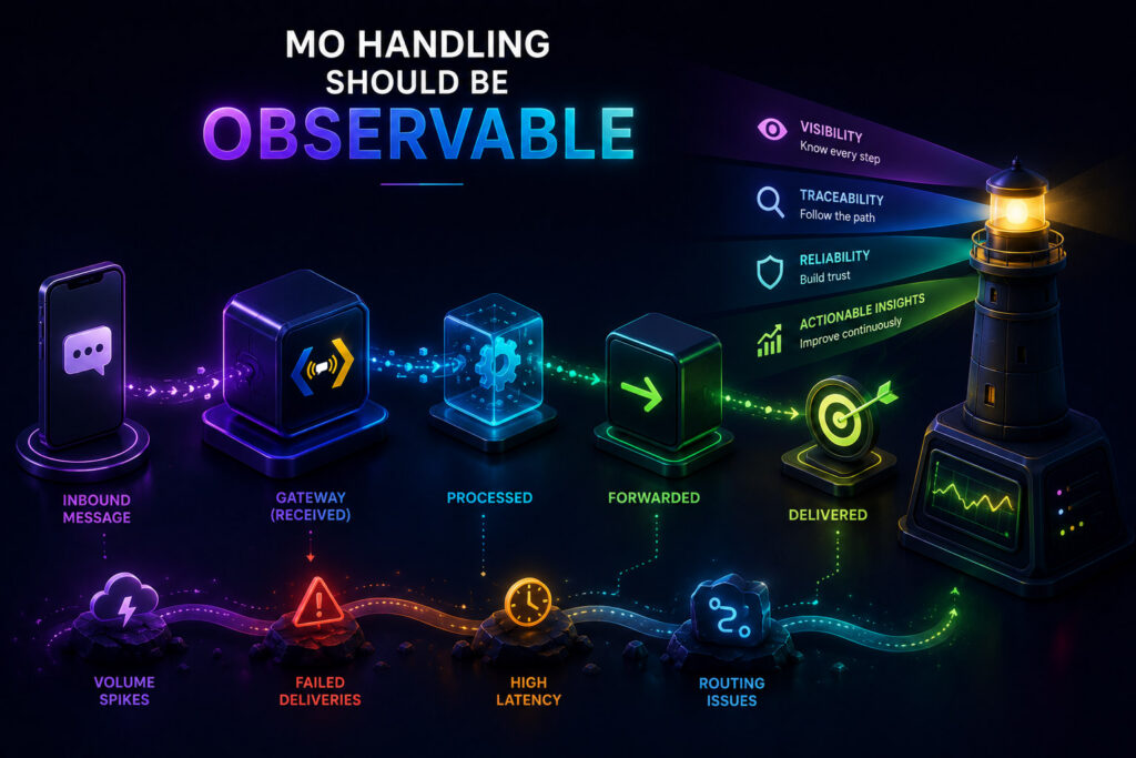 Visual showing an inbound MO message moving through an SMS gateway process with operational visibility into received, processed, forwarded and delivered stages.