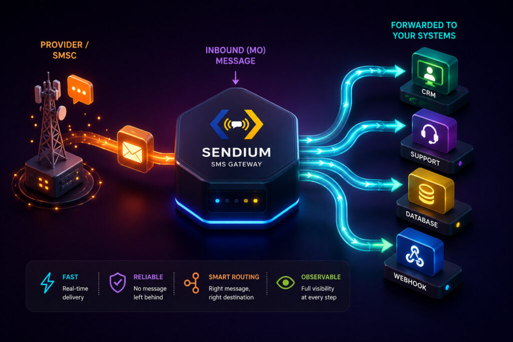 Visual showing an inbound MO message moving from a provider or SMSC through the Sendium SMS gateway and being forwarded to systems such as CRM, support, database and webhook endpoints.