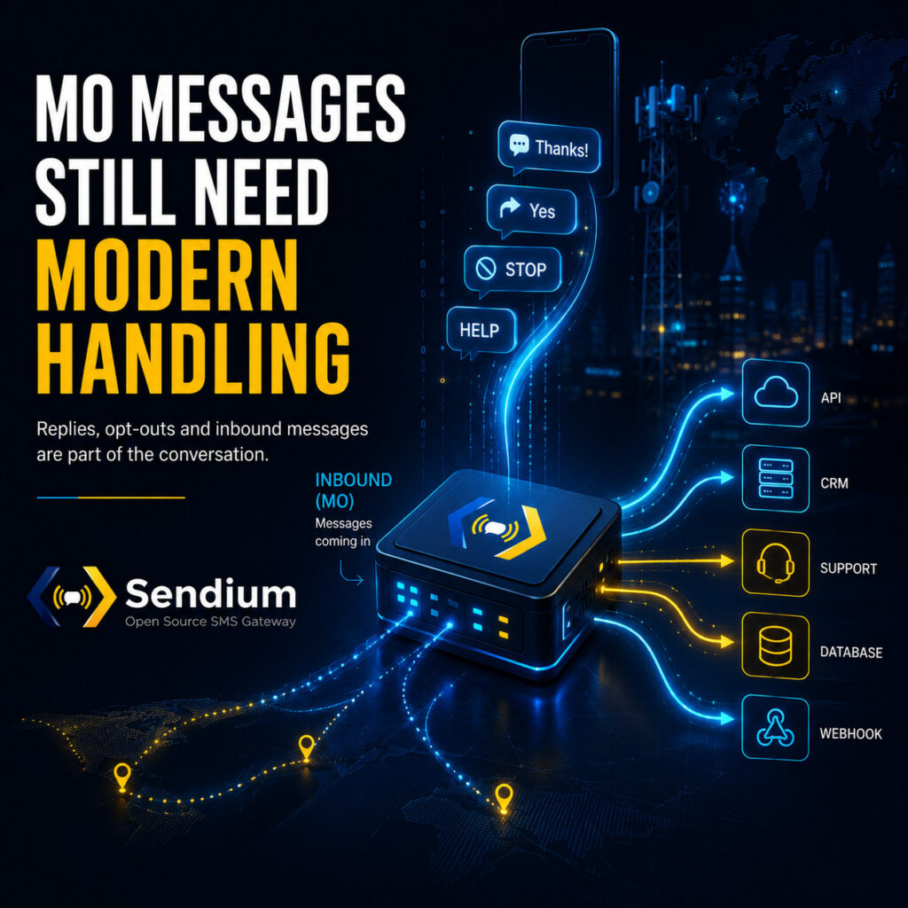 Visual showing inbound MO messages entering an SMS gateway and being forwarded to application systems such as APIs, CRM, support, database and webhooks.