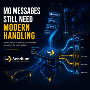 Visual showing inbound MO messages entering an SMS gateway and being forwarded to application systems such as APIs, CRM, support, database and webhooks.