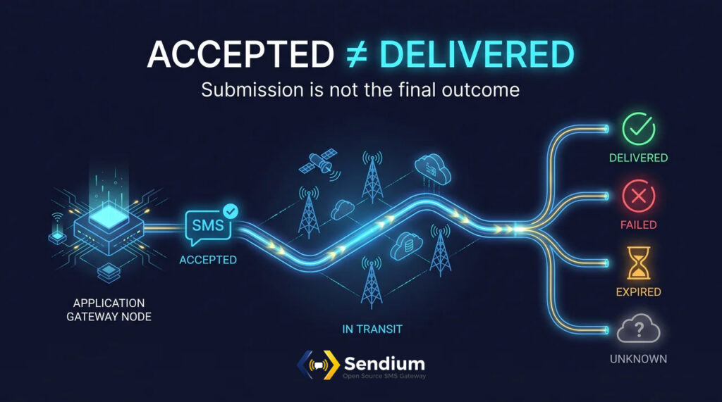 Visual showing that an SMS message can be accepted for submission while the final delivery outcome may still be delivered, failed, expired or unknown.