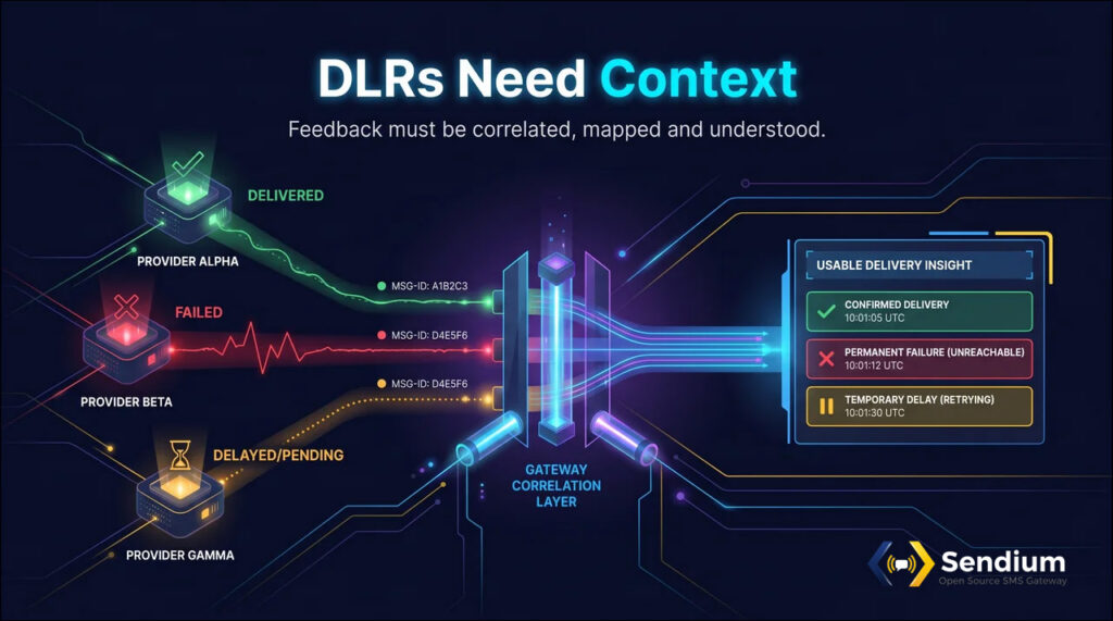 Visual showing different SMS delivery receipt signals from multiple providers being correlated by a gateway into usable delivery insight.