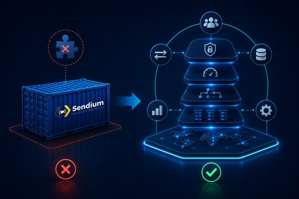 Container compared with a complete SMS infrastructure architecture including networking, security, capacity and observability