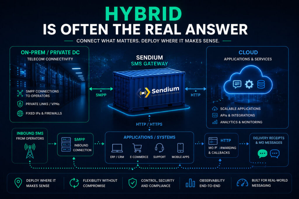 Hybrid SMS gateway architecture connecting on-prem telecom infrastructure with cloud applications