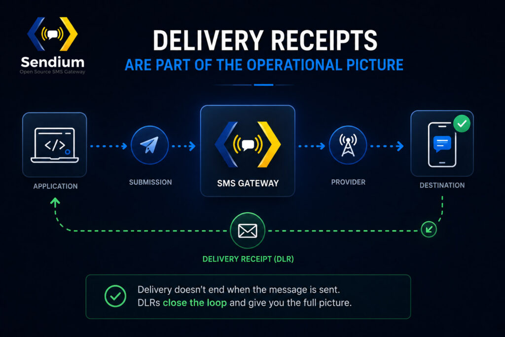 SMS delivery receipts showing DLR status returning through the Sendium SMS gateway