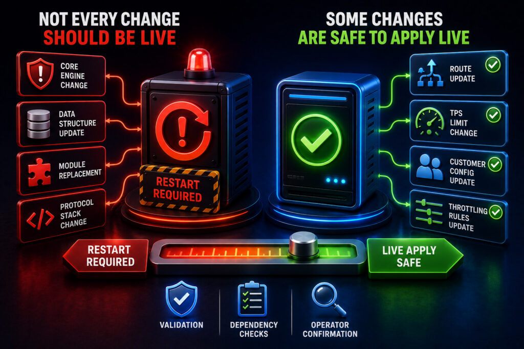 3D visual showing a transition from risky configuration changes and downtime to controlled live updates, validation, uptime and stable SMS traffic flow.