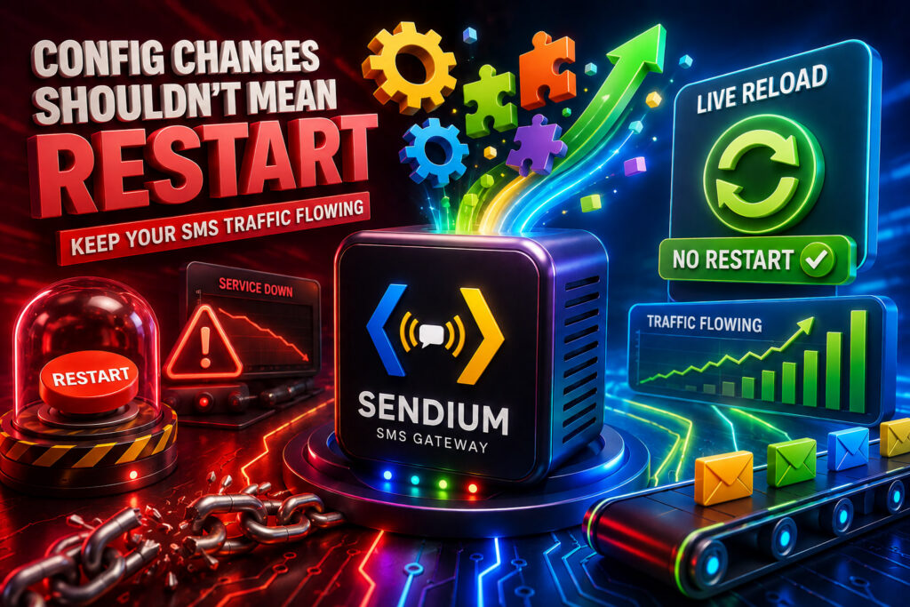 3D visual showing SMS gateway configuration changes applied without restarting the gateway, keeping SMS traffic flowing while avoiding service disruption.
