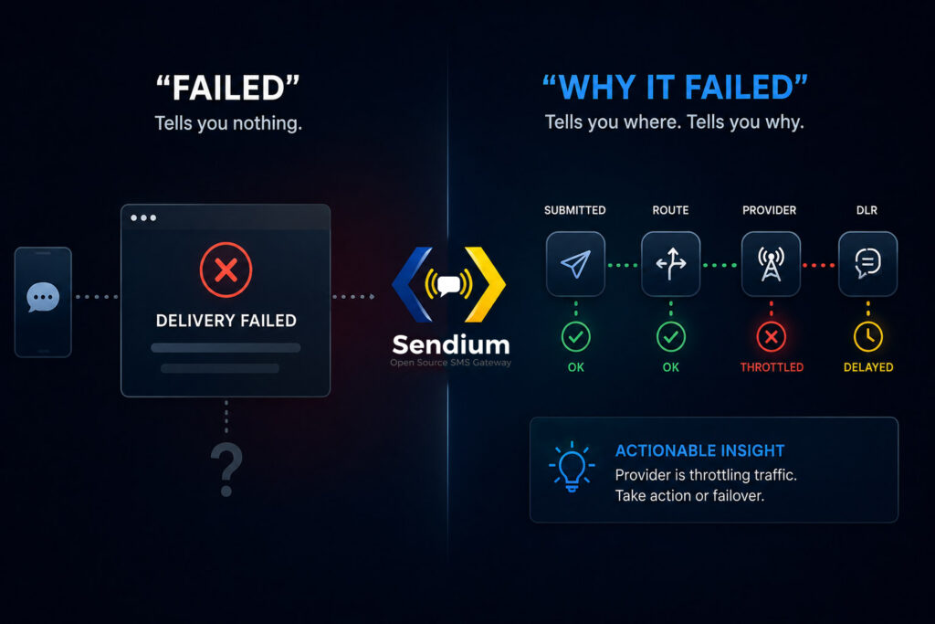 SMS gateway observability showing the difference between a failed message and identifying the root cause