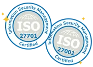 Two circular certification badges displaying ISO 27701 and ISO 27001 for Information Security Management.