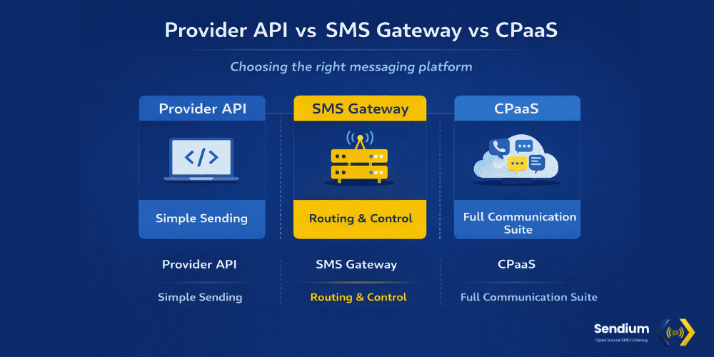Infographic titled "Provider API vs SMS Gateway vs CPaaS" comparing three messaging platforms. It categorizes Provider API for "Simple Sending", highlights SMS Gateway in yellow for "Routing & Control", and defines CPaaS as a "Full Communication Suite".