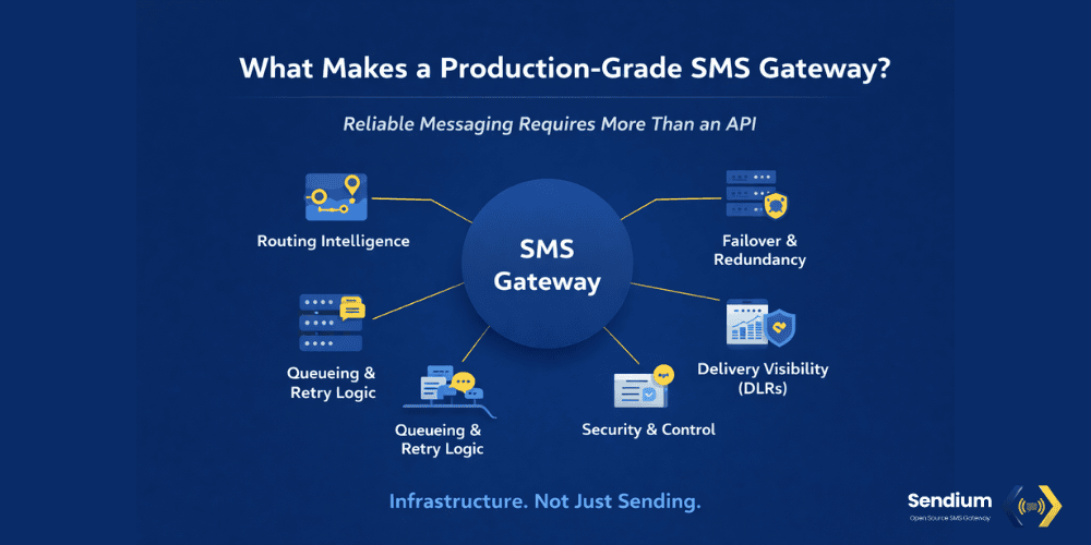 Infographic titled "What Makes a Production-Grade SMS Gateway?" showing a central SMS Gateway hub connected to six key infrastructure features, including Routing Intelligence, Failover & Redundancy, and Delivery Visibility.