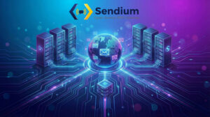 Futuristic digital illustration showing server racks connected by glowing blue circuit lines to a central Earth globe with floating envelope icons, situated beneath the "Sendium Open Source SMS Gateway" logo on a dark blue and purple background.