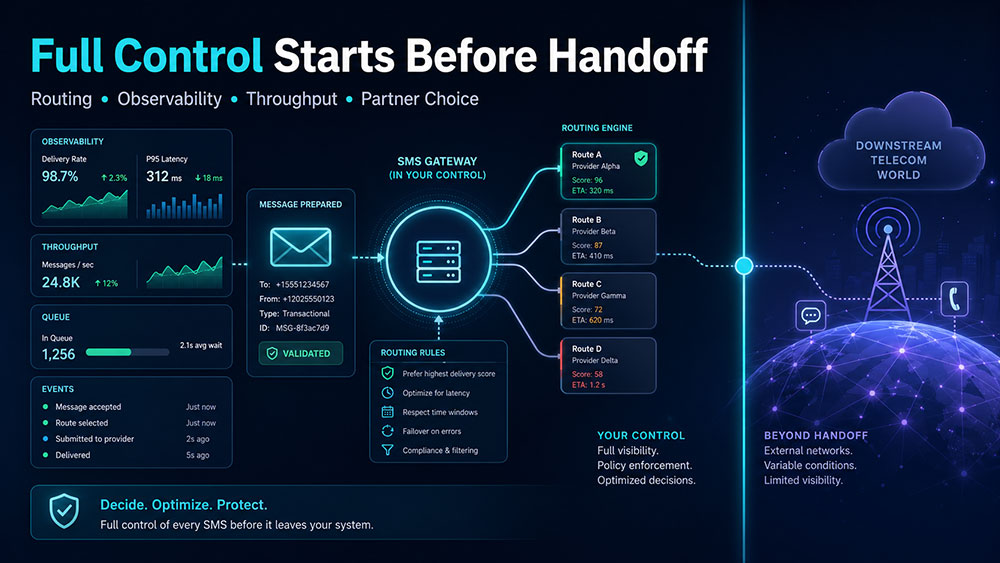 A detailed infographic and dashboard interface illustrating an SMS routing architecture, demonstrating how a centralized gateway provides full control over message observability, throughput, and routing choices before handing off to downstream telecom networks.