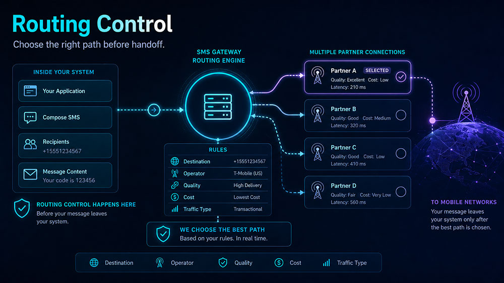 A dark-themed technical infographic illustrating an SMS gateway routing engine that maintains control over message delivery paths by evaluating real-time rules—such as cost, quality, and destination—to select the optimal partner network before transmitting data to external mobile networks.
