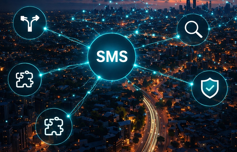 A glowing digital network overlays a nighttime cityscape, featuring a large central node labeled "SMS". Glowing blue lines connect it to peripheral icons depicting routing, search, security, and puzzle pieces, symbolizing centralized control and integration of messaging systems.