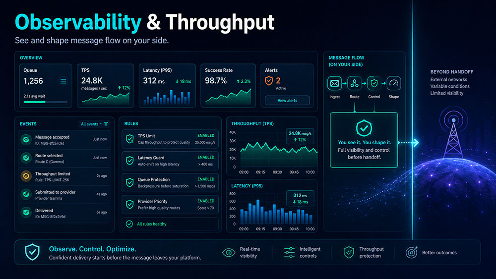 A dark-themed dashboard interface displaying observability and throughput metrics, illustrating how administrators monitor real-time events, set automated rules, and maintain full control over message flow before data is handed off to external networks.