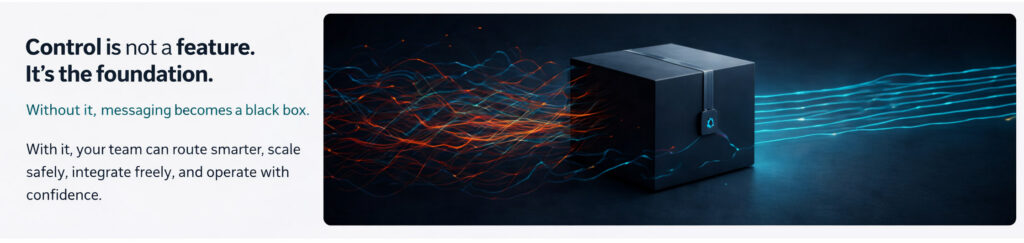 An informational graphic featuring text on the left and a conceptual illustration on the right. The text emphasizes that control is a foundational element, not just a feature. The illustration shows a dark cube acting as a "black box," taking in chaotic, tangled red and orange data streams on one side and outputting organized, parallel cyan data streams on the other.