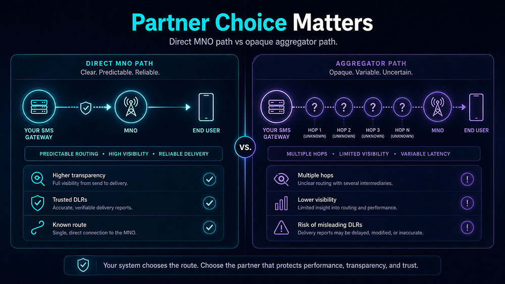 A side-by-side infographic comparing a direct MNO connection, which offers clear transparency and routing control, against an opaque aggregator path characterized by multiple unknown hops and limited visibility.