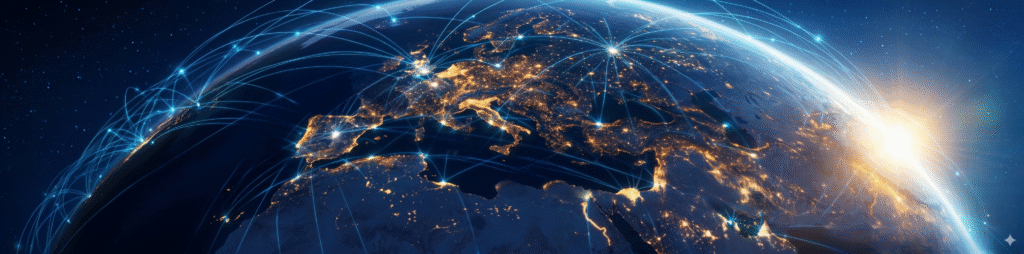 A panoramic photograph of Earth from a high orbital perspective, showing the Eastern Hemisphere transitioning from night to day. The globe is covered in vast networks of golden city lights. An extensive web of glowing, intricate electric blue data network lines arcs across the planet's surface, connecting countless urban hubs. A brilliant, warm sunburst flare emerges on the far right, signifying dawn. The background is the dark, star-dusted field of space.