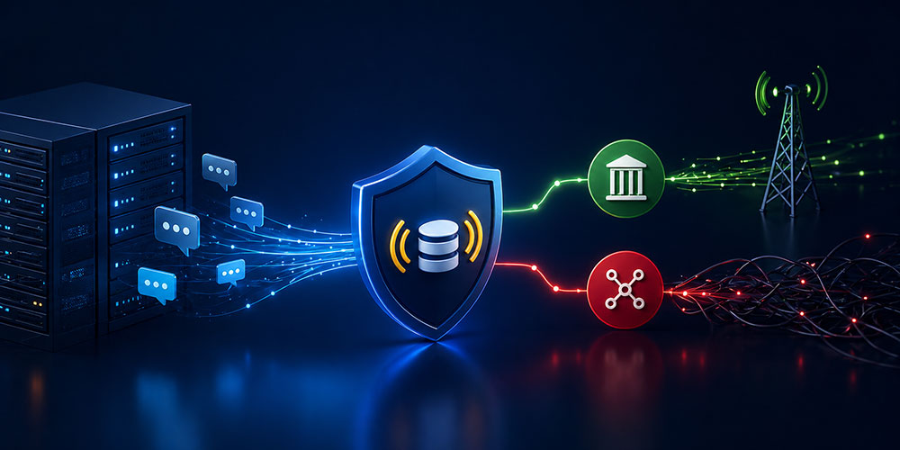A 3D conceptual illustration demonstrating data flow control, where a central security shield filters message data from a server, cleanly routing safe traffic along a green path to an institution and cell tower, while diverting other traffic down a red path into chaotic, tangled wires.