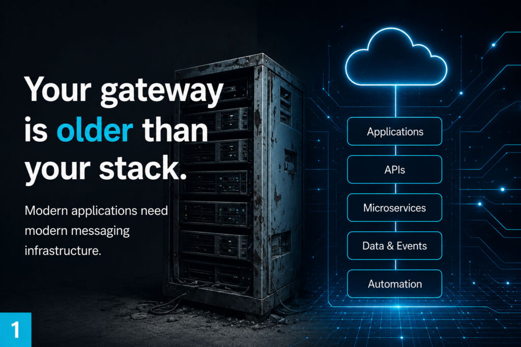 Modern SMS gateway infrastructure concept showing an outdated server rack contrasted with cloud applications, APIs, microservices, data events, and automation.