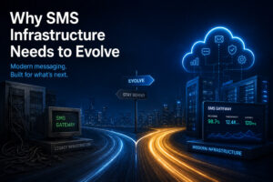 Futuristic SMS infrastructure concept showing legacy messaging systems contrasted with modern cloud-based messaging infrastructure, highlighting the need for SMS infrastructure to evolve.