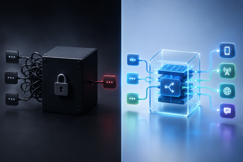 Closed black-box messaging system contrasted with transparent open SMS gateway infrastructure.