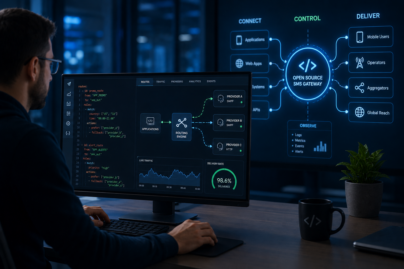 Operator monitoring and configuring SMS gateway routing, traffic and delivery performance.