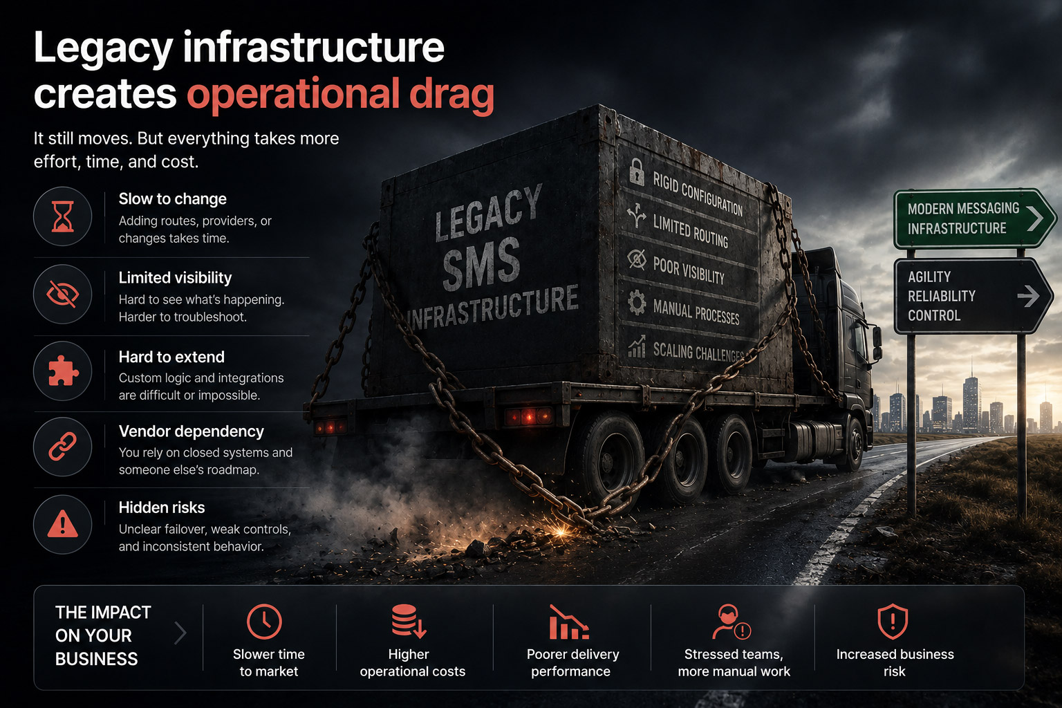Cinematic image of legacy SMS infrastructure creating operational drag, showing slow change, limited visibility, vendor dependency, hidden risks, and higher operational cost.