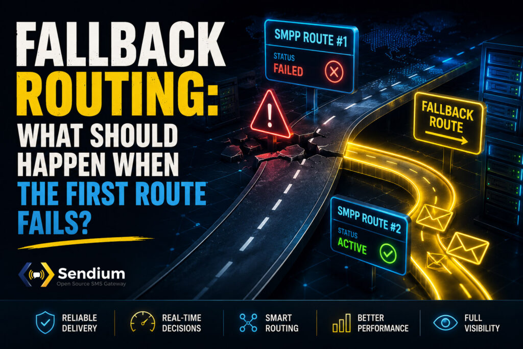 Visual showing SMS fallback routing where a failed primary route switches to an active backup route in a modern gateway infrastructure.