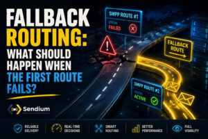 Visual showing SMS fallback routing where a failed primary route switches to an active backup route in a modern gateway infrastructure.
