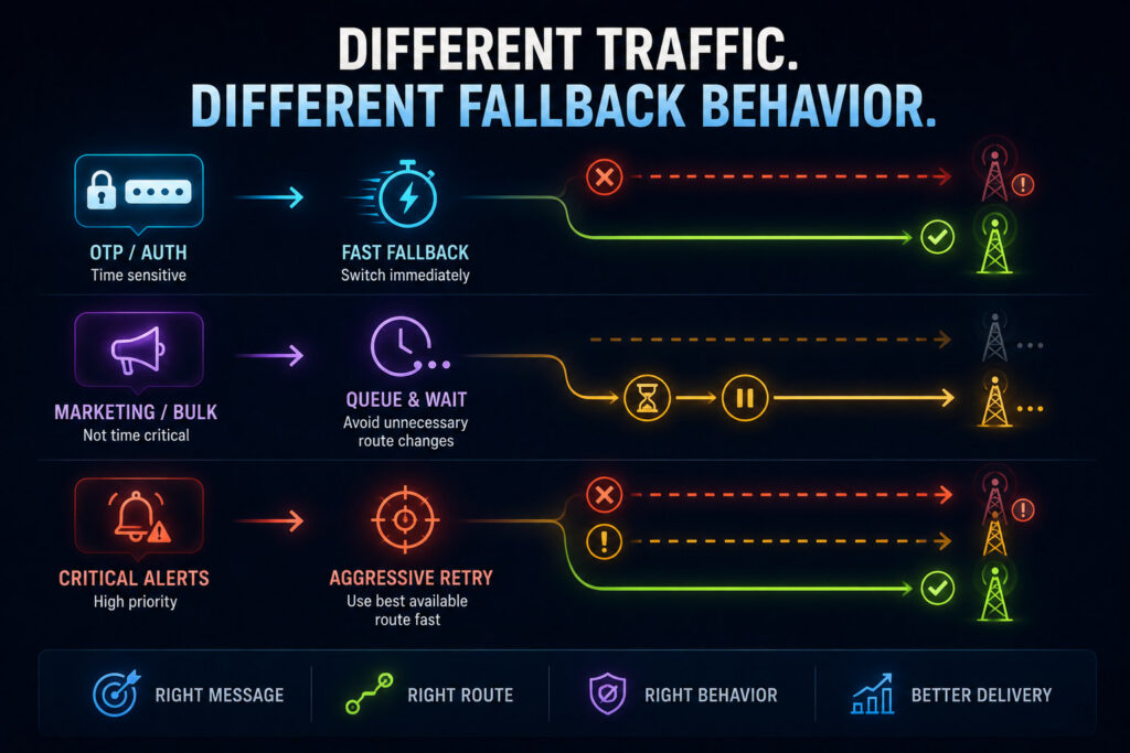 Visual showing different SMS traffic types using different fallback routing behavior based on message priority and delivery requirements.