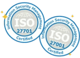 Two circular certification badges displaying ISO 27701 and ISO 27001 for Information Security Management.